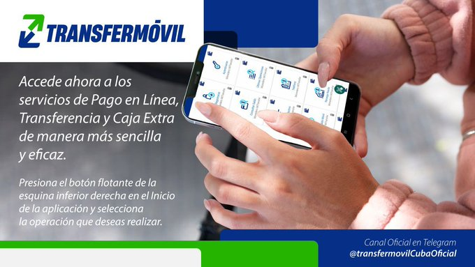 No lo sabías??
Hay una forma directa y sencilla para efectuar las operaciones de Pago en Línea, Transferencia y Caja Extra en Transfermóvil, es el botón flotante de la esquina inferior derecha en el Inicio de la aplicación, presiónalo y selecciona la operación que deseas hacer👇