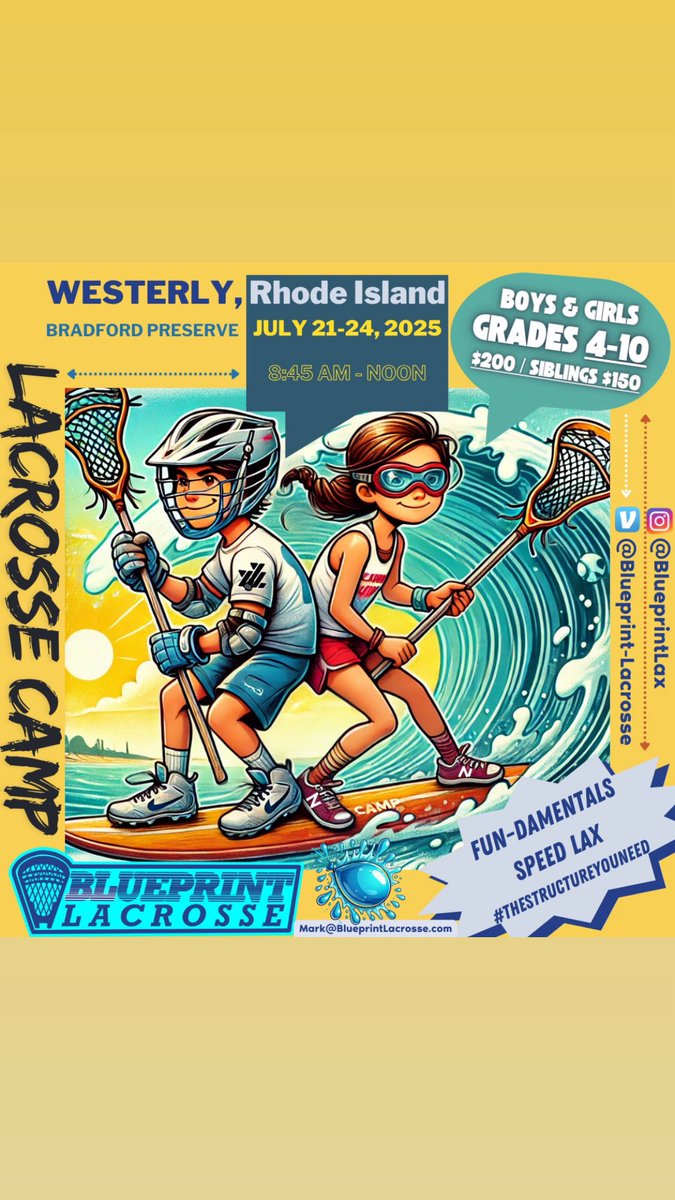 blueprintlax's tweet photo. Westerly Rhode Island Lacrosse Camp!
Still Room for Boys n Girls! @westerlylax @YumYumLax https://t.co/xwicVaC218