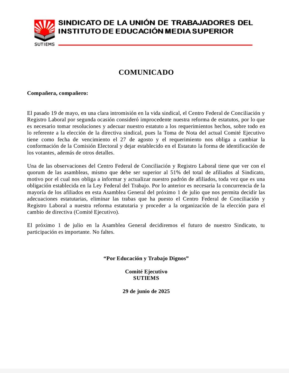 En una clara intromisión del <a href="/Centrofcrl/">Centro Federal de Conciliación y Registro Laboral</a> en la vida eterna del sindicato nos ha negado nuestra reforma Estatutaria. 

Por lo que es necesario atender "observaciones" 
Convocamos a las y los agremiados a la Asamblea General Extraordinaria a realizarse en SME el 1 junio 2025.