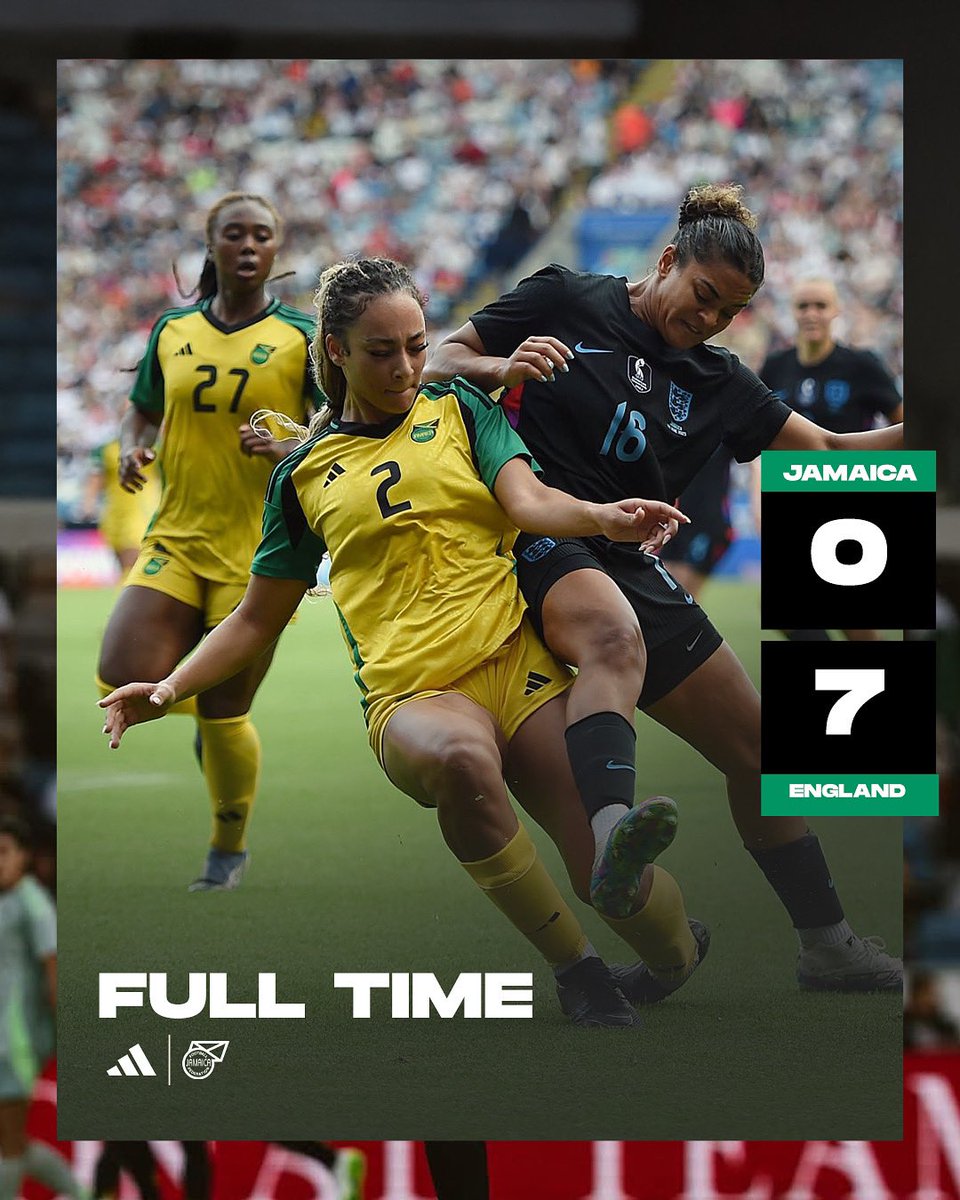 jff_football's tweet image. FULL TIME: 🏴 7 - 0 🇯🇲
A tough result — but the Reggae Girlz showed courage through it all.
This may be the final whistle for this run, but the journey continues. We’re proud. Win, lost or draw - we stand with our Girlz, always.
#ReggaeGirlz #OneTeamOneDream #JamaicaFootball