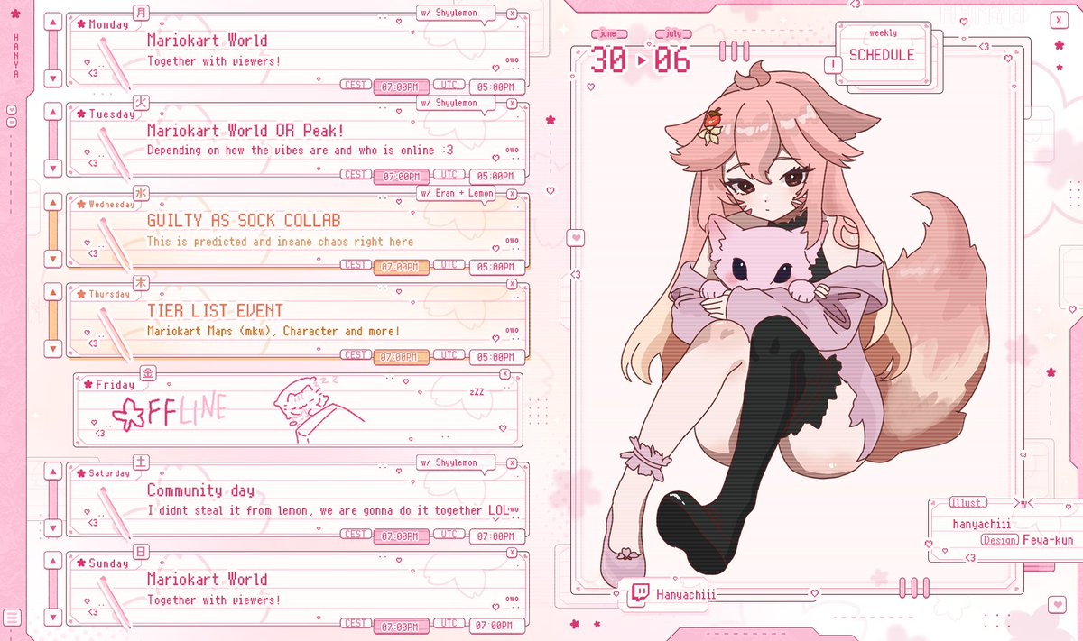 ₊⊹ june 30-july 06 schedule ⊹₊
──★ ˙🍓 ̟ !!

HELLLOOO  :3 This week is - as i promised - filled with collabs and cool events !! Am very very HYPED EHHEE SEE U THEN c:  

ʚɞ twitch.tv/hanyachiii
ʚɞ hanyachiii.carrd.co