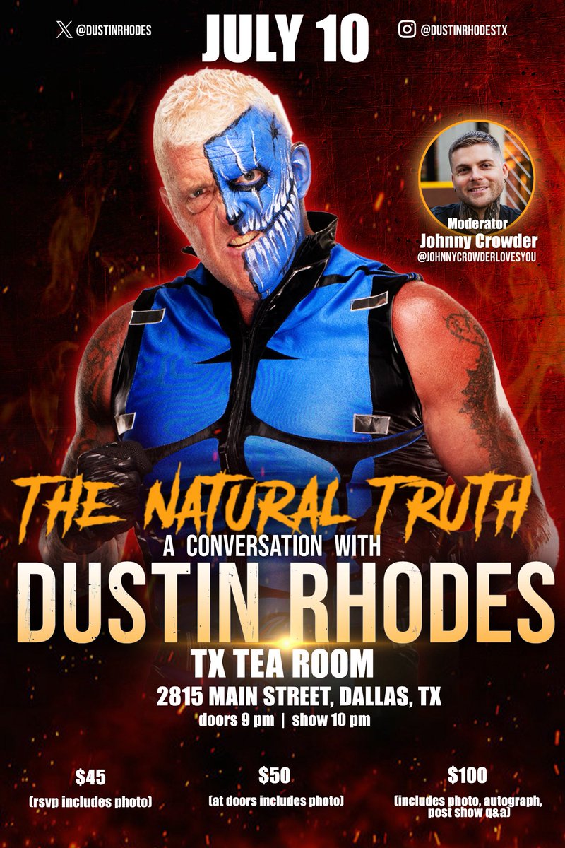dustinrhodes's tweet photo. I truly hope you all can make my show July 10th!! It is our first of hopefully many to come. 10 pm at #TheTeaRoom in Dallas Tx. Come hear my complete experience with drugs and alcohol and how I battle the devil and won. 

It means the world to me if u are able to make it. 🙏🏼

JULY 10th 10pm
I will get to everyone after our discussion!!!

Hope to see y'all there.
Thanks again🤘🏼
#ALLINTEXAS #Recovery #Perseverance #TheNaturalTruth

Tix here ⬇️⬇️⬇️⬇️⬇️⬇️⬇️

Disregard the 7 start time, its 10pm!!!!
https://t.co/73CHwyhFkI