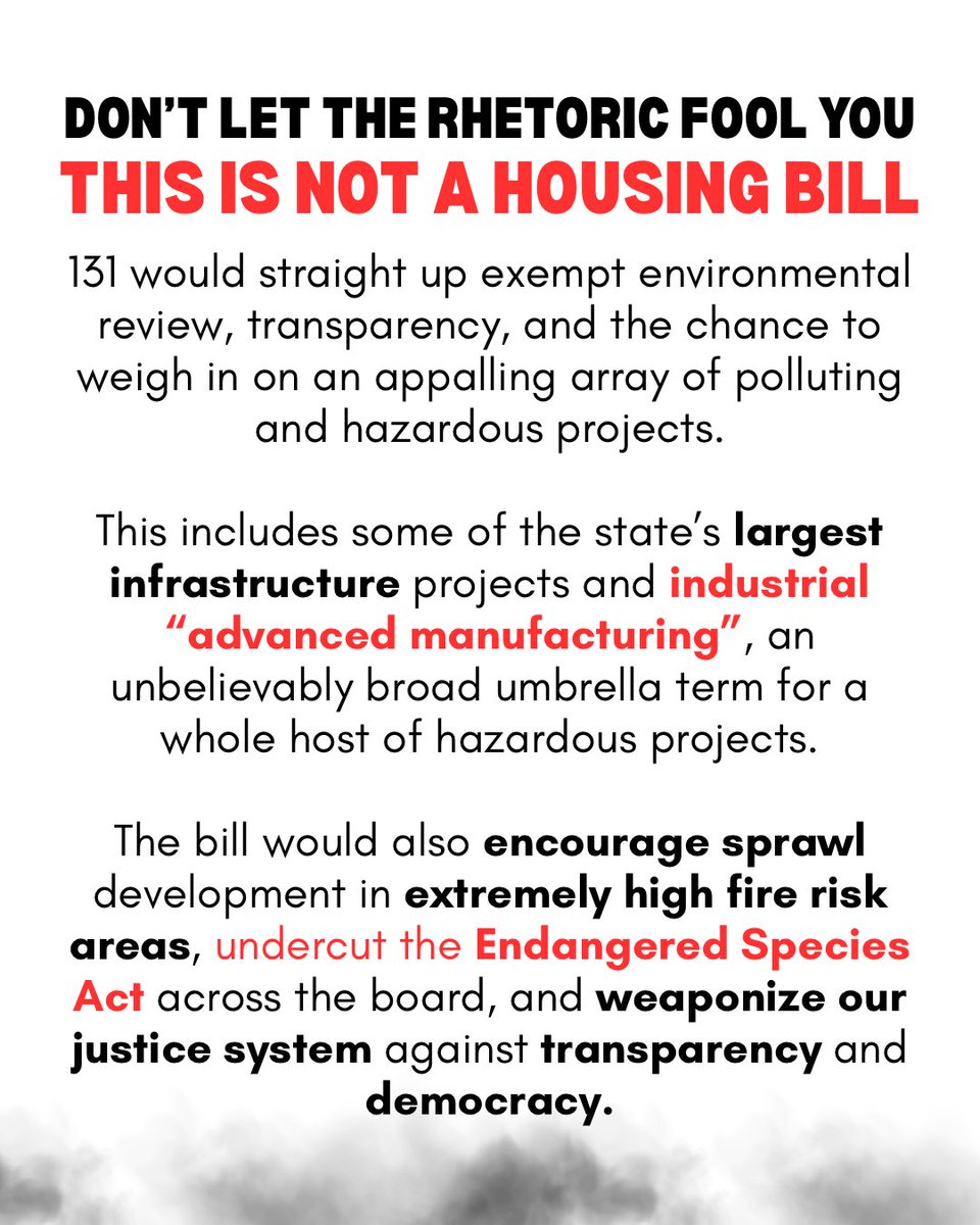 Aleumer's tweet image. 🚨VOTE NO on AB/SB 131🚨 
A Developer Giveaway at the Expense of Disadvantaged Communities and the Environment
#caleg #cabudget