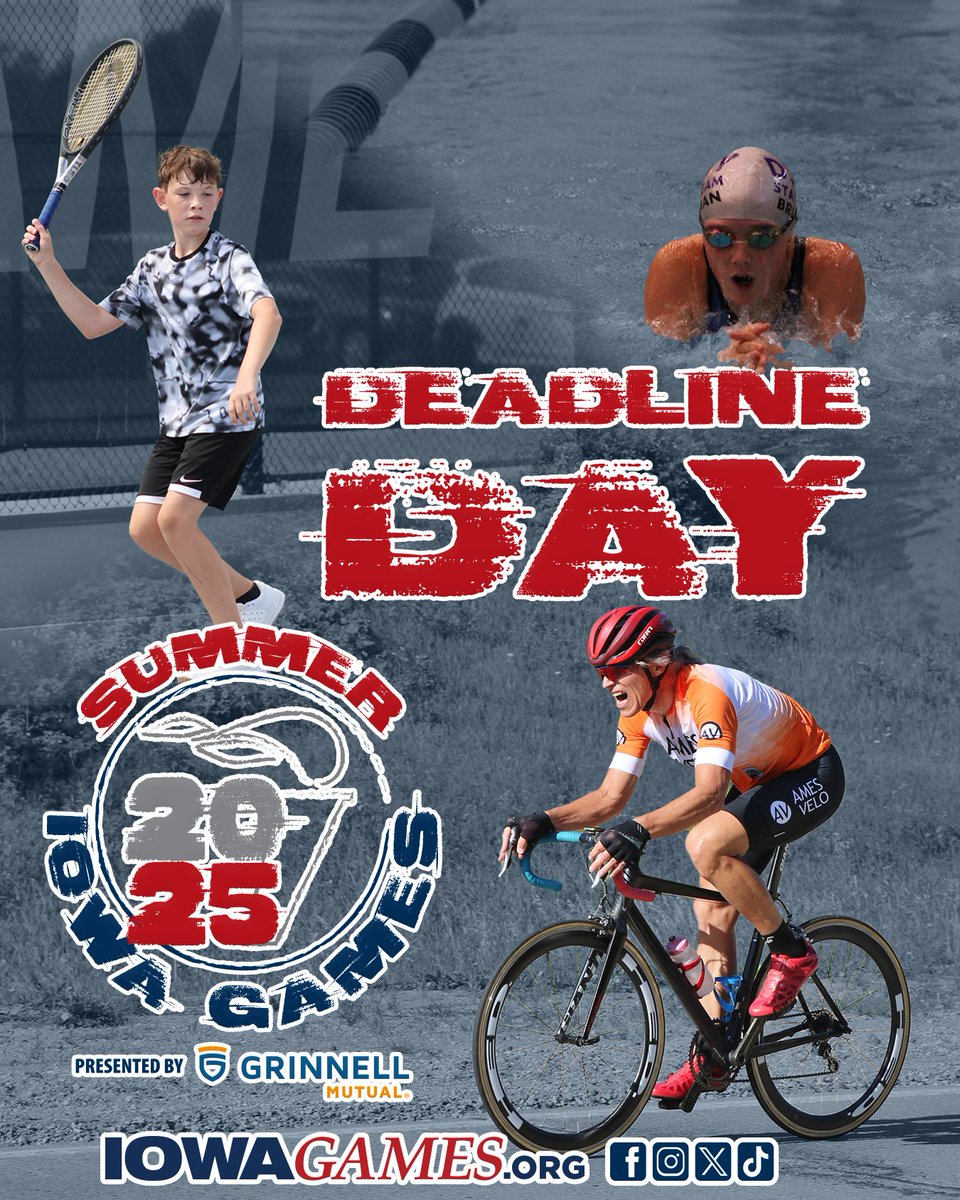 ⏰ Deadline Alert!
 Final day to sign up for your favorite Summer Iowa Games sports is July 1! Don’t miss your shot to compete in:
🎳High School Team Bowling
 🚲Cycling
 🟢Pickleball
🔵Racquetball
 🏊Swimming
 🎾Tennis
Register now at iowagames.org