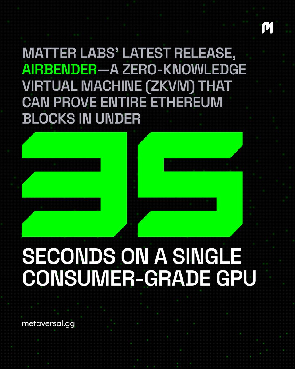 HelloMetaversal's tweet photo. @the_matter_labs  just dropped Airbender—a ZKVM that proves full Ethereum blocks in under 35s on a single GPU.

It’s not just fast. It’s foundational.

See why this changes the game for yield strategies, NFT-backed credit, and Metaversal’s Web3 mission . https://t.co/RgAUvYxkcT https://t.co/j4wfJMT8wK