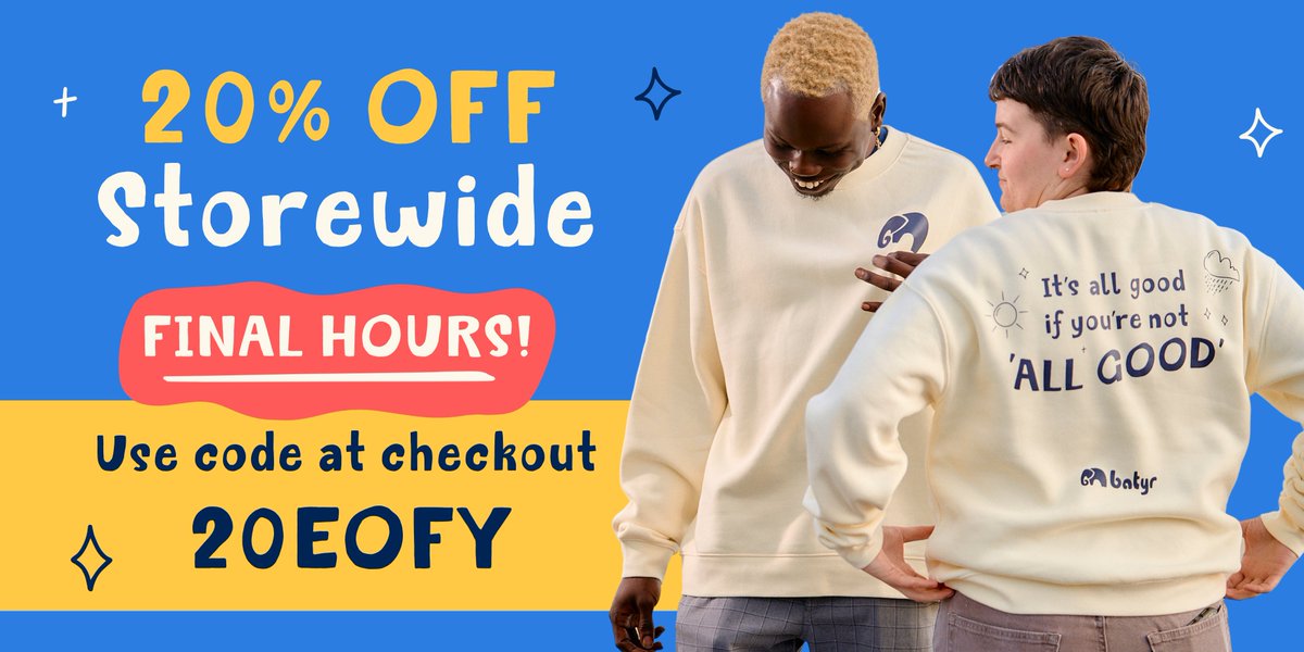Our EOFY sale is almost over! ⏰ Until midnight tonight, get 20% off everything in the batyr store with code 20EOFY at checkout. 🎉

Every purchase helps us deliver more of our youth mental health programs in Aussie schools &amp; universities.  💙

Shop now: batyr.com.au/shop