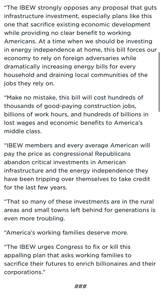 .<a href="/IBEW/">IBEW</a>:

“Make no mistake, this bill will cost hundreds of thousands of good-paying construction jobs… IBEW members and every average American will pay the price as congressional Republicans abandon critical investments in American infrastructure and the energy independence…”