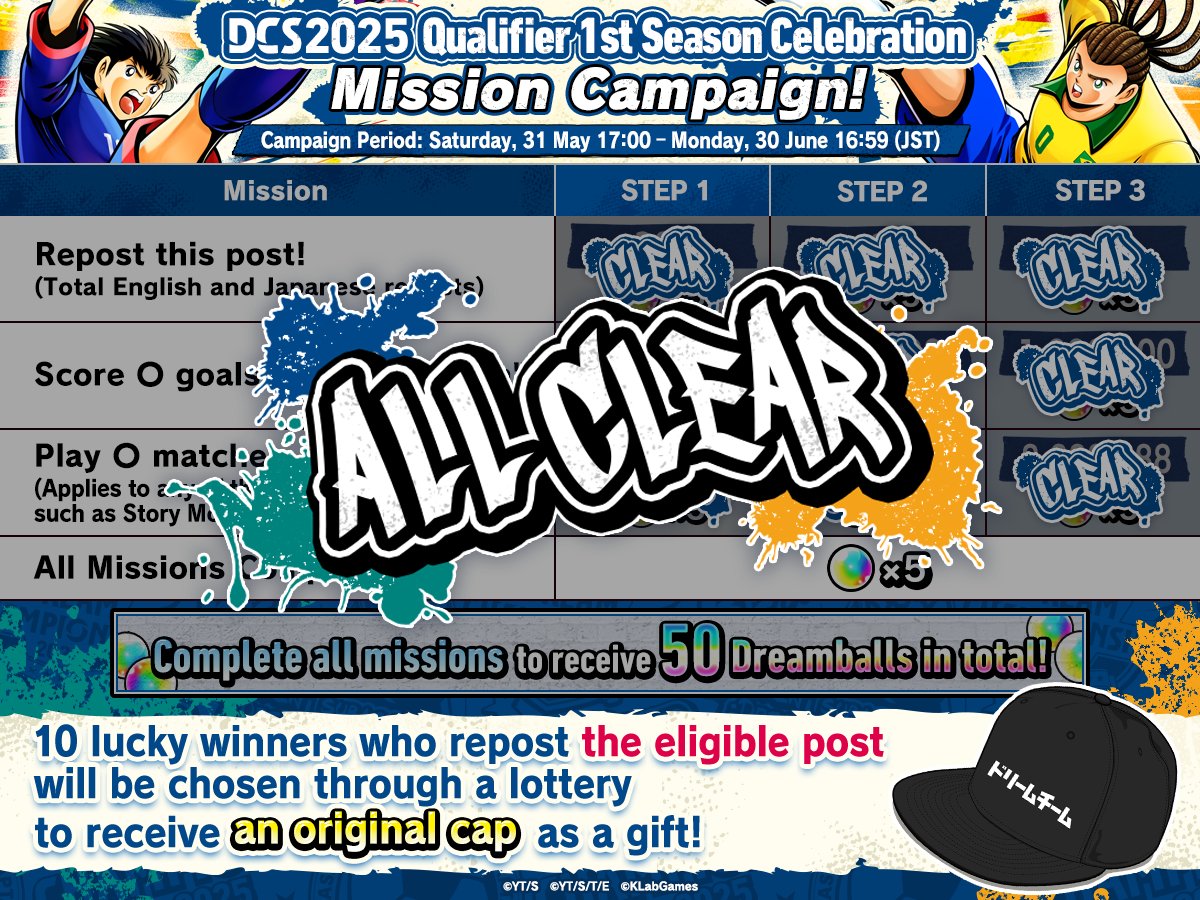 tsubasaDT_en's tweet photo. [All Missions Complete!]
DCS2025 1st Season Qualifiers
SNS Mission Campaign!⚽️✨

All the missions has been completed🎉

The rewards will be sent to your in-game Preset Box at a later date!

App👉https://t.co/MB8F1EvCJw
#TsubasaDT https://t.co/T3Viqf3WBX