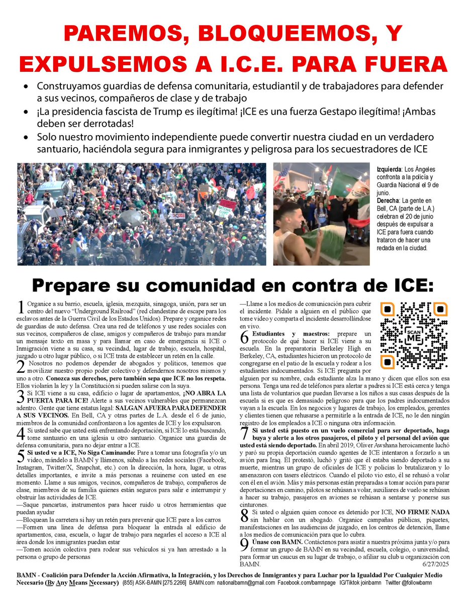 followbamn's tweet image. PAREMOS, BLOQUEEMOS, Y EXPULSEMOS A I.C.E. PARA FUERA

Prepare su comunidad en contra de ICE

#iceoutofla #paramount #stopice #nomoredeportations #trumpmustgo #trumpout #LA #stopiceraids #buildthemovement #sísepuede #yabasta #fueratrump #chingalamigra 

BAMN.com