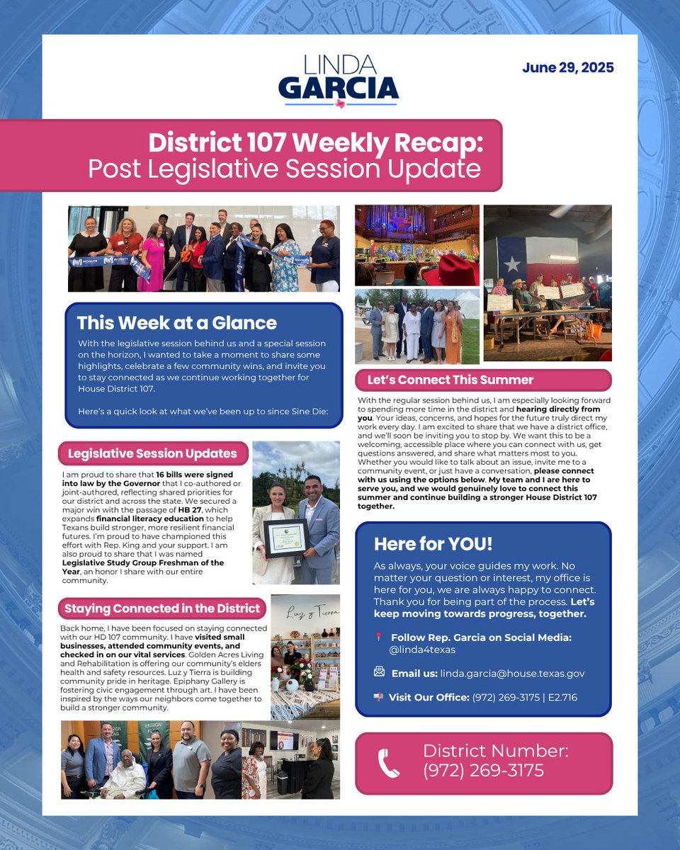 lindafortexas's tweet image. 🔔 HD 107 Newsletter / Boletín de HD 107 🔔
The work doesn’t stop after session, let’s stay connected this summer! Always here for you, for HD 107.
El trabajo no se detiene tras la sesión, sigamos en contacto este verano. Siempre aquí para ustedes, para HD 107.
#HD107 #TXLege