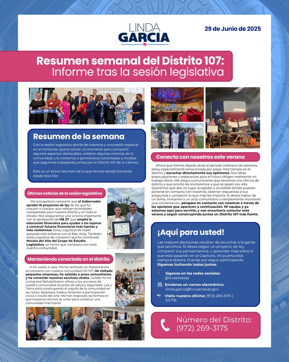 lindafortexas's tweet image. 🔔 HD 107 Newsletter / Boletín de HD 107 🔔
The work doesn’t stop after session, let’s stay connected this summer! Always here for you, for HD 107.
El trabajo no se detiene tras la sesión, sigamos en contacto este verano. Siempre aquí para ustedes, para HD 107.
#HD107 #TXLege