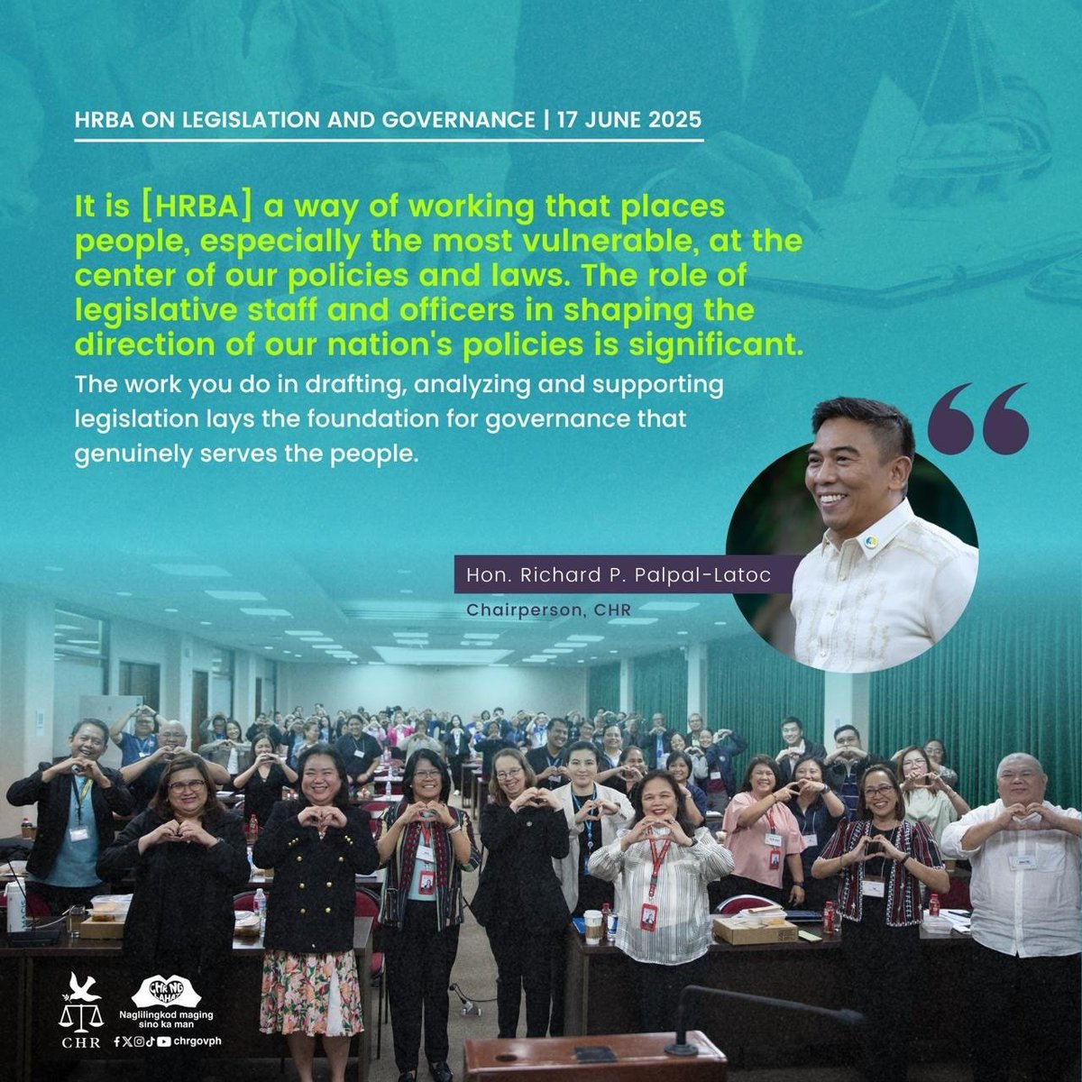 chrgovph's tweet image. CHR Chairperson Richard P. Palpal-latoc emphasized the training's significance in promoting a human rights-based approach to legislation and governance.

#HRBA #LegislationAndGovernance #CHRngLahat #NaglilingkodMagingSinoKaMan