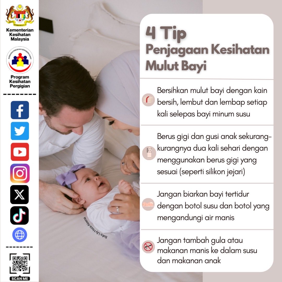 𝟒 𝐓𝐈𝐏 𝐏𝐄𝐍𝐉𝐀𝐆𝐀𝐀𝐍 𝐊𝐄𝐒𝐈𝐇𝐀𝐓𝐀𝐍 𝐌𝐔𝐋𝐔𝐓 𝐁𝐀𝐘𝐈

Penjagaan gigi si manja bermula seawal kelahiran! Jangan tunggu gigi tumbuh baru nak mula jaga ya 😉

#KesihatanMulutBayi #SenyumanSihat #BabyDentalCare