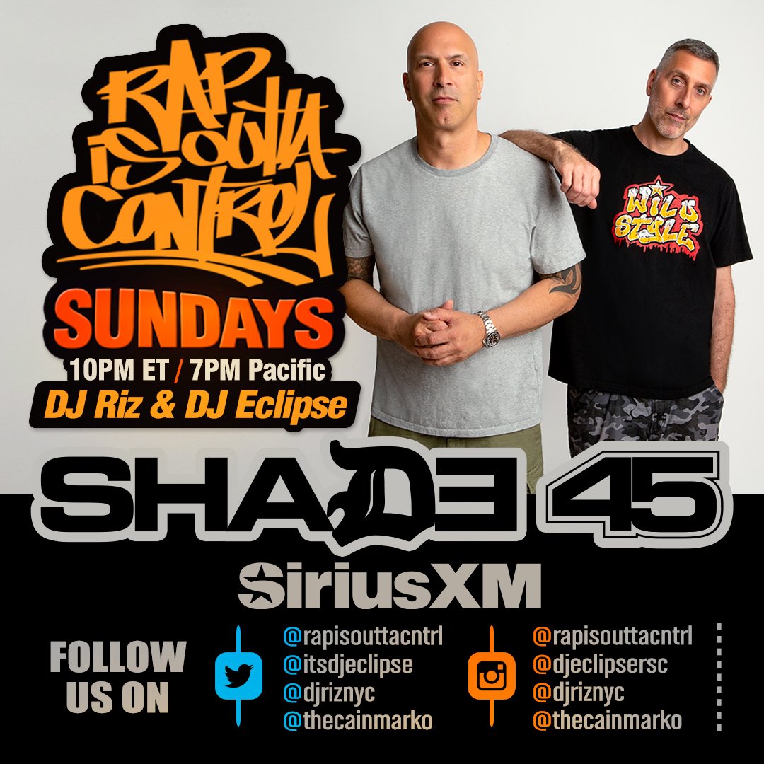 Rap Is Outta Control (@rapisouttacntrl) on Twitter photo Tune in tonight at 10pm ET / 7pm PT to catch the latest episode of <a href="/RapIsOuttaCntrl/">Rap Is Outta Control</a> on <a href="/Shade45/">Shade45</a>. DJ Eclipse & <a href="/djriznyc/">Riz</a> on the decks and <a href="/thecainmarko/">Kyle Royce Haynes</a> on the announcements. Our guests tonight are Luis “Phat Kat” Vega, Paul “Pistachio” Vega, Negro Stacks and Chuck Cross. Tune in tonight at 10pm ET / 7pm PT to catch the latest episode of <a href="/RapIsOuttaCntrl/">Rap Is Outta Control</a> on <a href="/Shade45/">Shade45</a>. DJ Eclipse & <a href="/djriznyc/">Riz</a> on the decks and <a href="/thecainmarko/">Kyle Royce Haynes</a> on the announcements. Our guests tonight are Luis “Phat Kat” Vega, Paul “Pistachio” Vega, Negro Stacks and Chuck Cross.