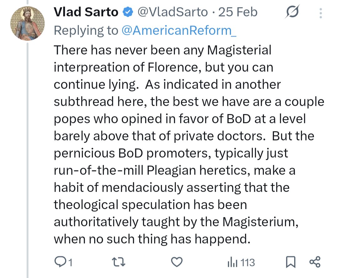 FrLavery's tweet image. It turns out that the Vlad Sarto account that was arguing in support of the Thesis with interminable ramblings and accusations of lack of charity is a Feeneyite. He also apparently thinks it's fine when he's the one doing the insulting. Feeneyism is an immediate block from me. If…