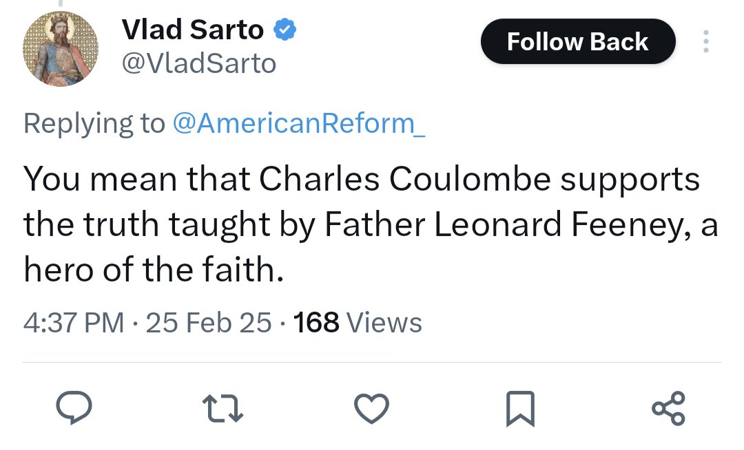 FrLavery's tweet image. It turns out that the Vlad Sarto account that was arguing in support of the Thesis with interminable ramblings and accusations of lack of charity is a Feeneyite. He also apparently thinks it's fine when he's the one doing the insulting. Feeneyism is an immediate block from me. If…