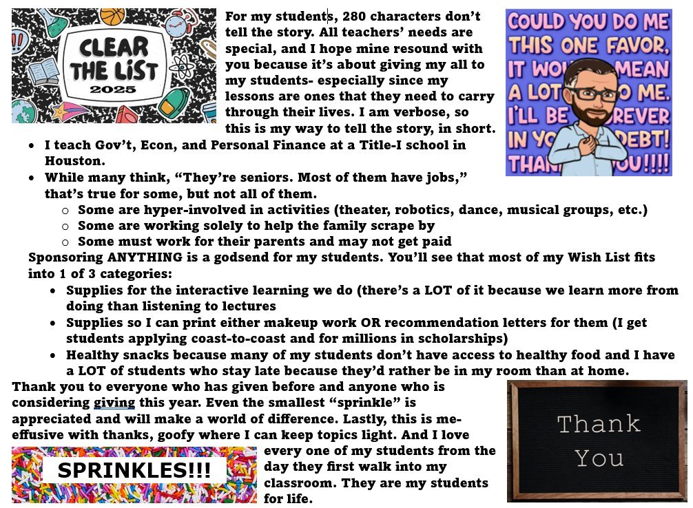 RobHTX78's tweet image. My #clearthelist for 2025. I hope you'll consider showing love to my students. Decided to put my plea out a little differently than most because my story takes more than 280 characters. Any help for my students is a godsend. amazon.com/hz/wishlist/ls…
#TeacherTwitter / #teachersofx