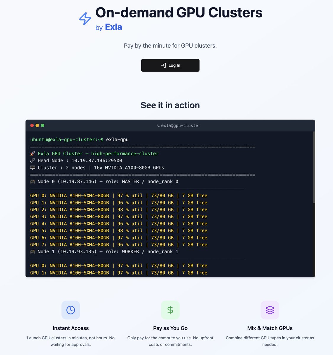 🚀 New Exla Announcement 🚀

Introducing Exla FLOPs (name pending) our on-demand GPU cluster service ⚡️⚡️

Need 16 GPUs right now with zero commitment? 
Need burst capacity for your training jobs?
NEED GPUs? WE GOTCHU.

No waitlists. Live now.

DM or email me for free credits!