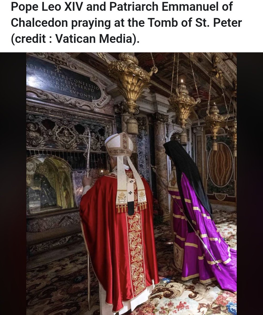 FrLavery's tweet image. The false pope praying with the Orthodox schismatic Patriarch Emmanuel of Chalcedon. An outward act of apostasy. Note the words of Emmanuel addressed to Prevost showing how this apostasy goes back all the way to the 1960's.