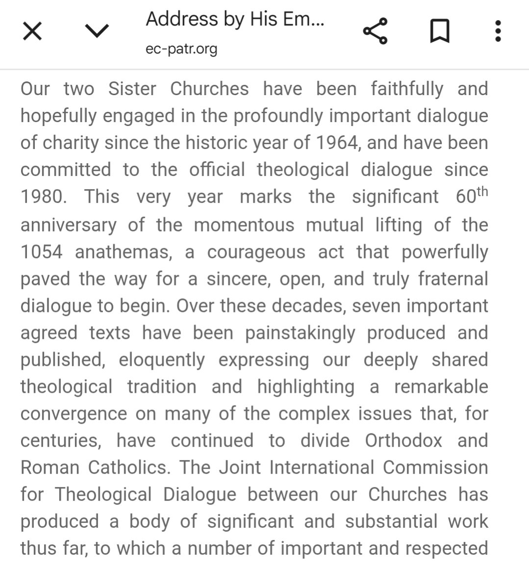 FrLavery's tweet image. The false pope praying with the Orthodox schismatic Patriarch Emmanuel of Chalcedon. An outward act of apostasy. Note the words of Emmanuel addressed to Prevost showing how this apostasy goes back all the way to the 1960's.