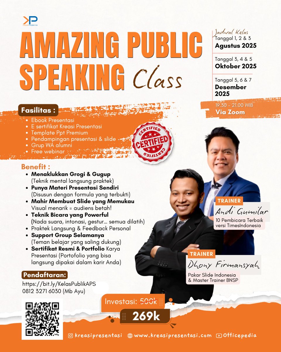 3x sesi pertemuan.
1 sesi mindset #presentasi.
1 sesi konten presentasi.
1 sesi slide presentasi.
Komplit.
Dari 500rb, jd 269rb aja.
Fleksibel.

Segera daftar, pilih bulannya. Terbatas utk 10 org per batch.
Klik:
bit.ly/KelasPublikAPS
bit.ly/KelasPublikAPS
