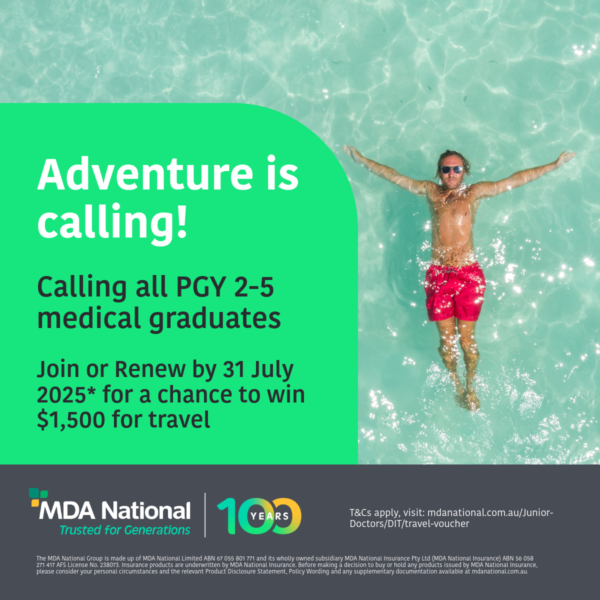 Adventure is calling!

Calling all PGY 2-5 graduates.

We know what it’s like to juggle long shifts, steep learning curves, and constant challenges - they’re all part of the journey.

That’s why we believe your downtime should really count. Don’t just tread water, dive into