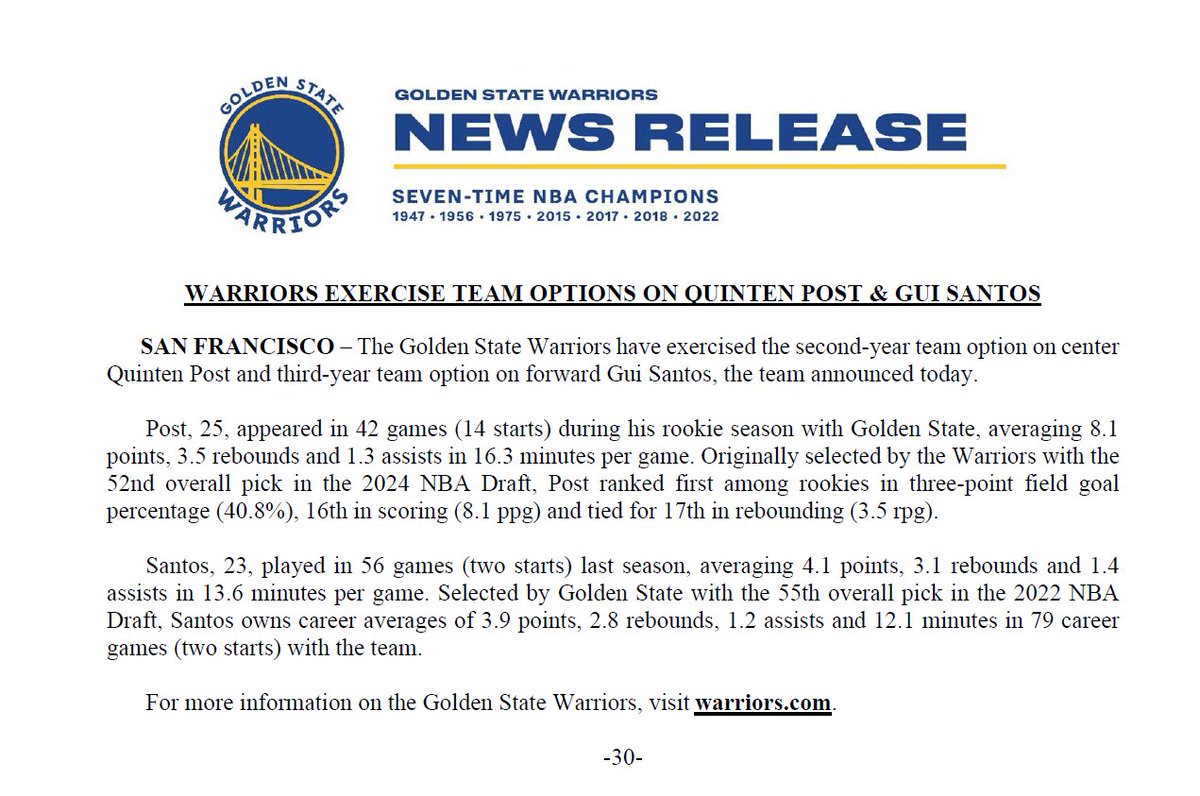 Warriors exercise team options on Quinten Post &amp; Gui Santos: