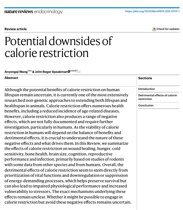 scottisaacsmd's tweet image. Potential downsides of calorie restriction: While it may extend lifespan and reduce age-related diseases, it can delay wound healing, increase hunger & cold sensitivity, reduce bone density, shrink organs including the brain, impair reproduction, and impact immunity. Negative…
