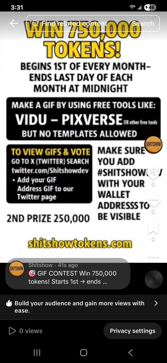 Shitshowdev's tweet photo. GIF CONTEST
Win 750,000 tokens! π€
1st of each month β ends last day at midnight. No limit on entries!
Make an original GIF (no templates), post to @Shitshowdev.
ADD Tag #Shitshowdev With your wallet to be visible.
2nd prize: 250,000
Visit shitshowtokens Website https://t.co/Y6E9AYFekd
