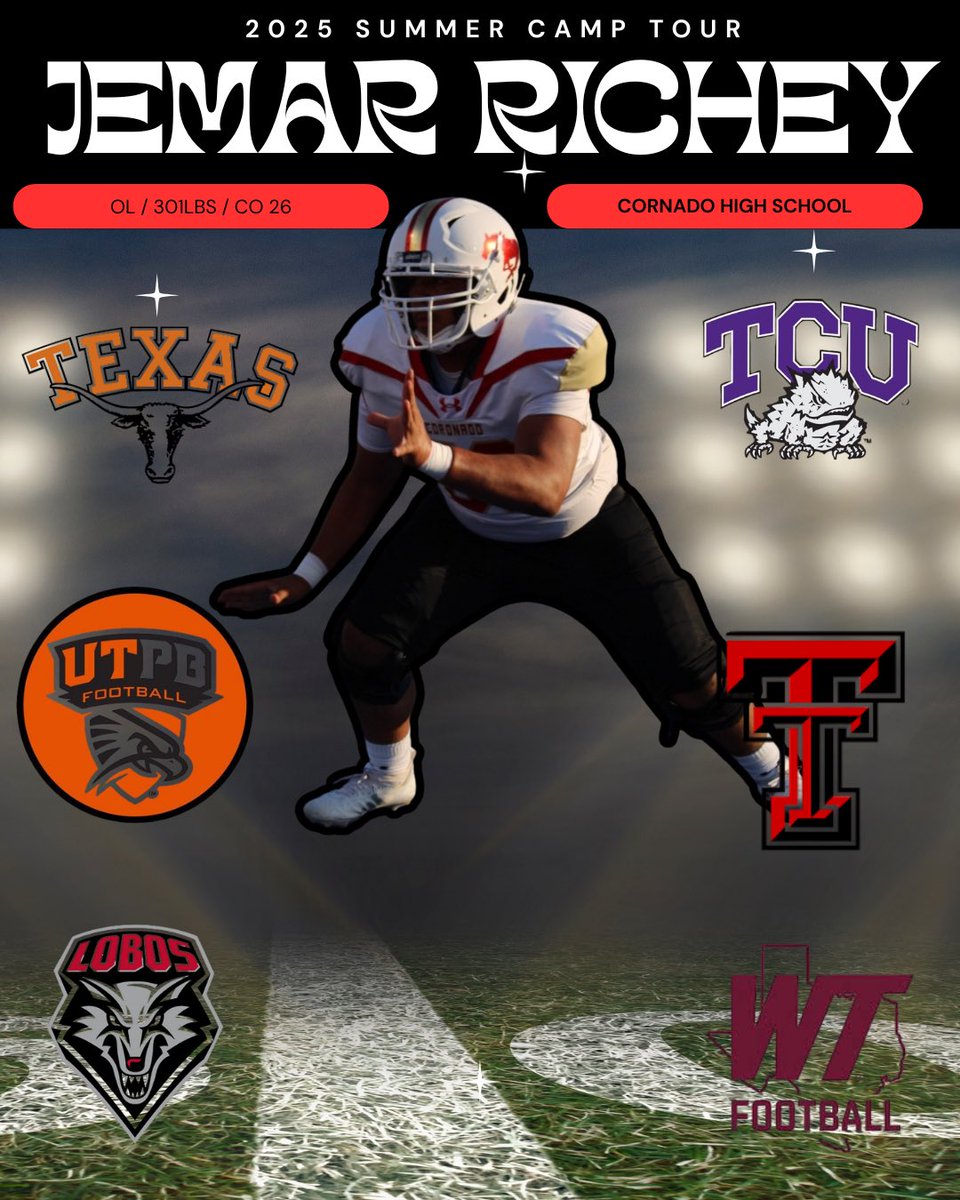 Jemar Richey (@j_richey79) on Twitter photo I just wanted to thank all of these schools for hosting these camps and blessing me and giving me an opportunity to show my talents <a href="/TexasFootball/">Texas Football</a> <a href="/UNMLoboFB/">New Mexico Football</a> <a href="/UTPBFootball/">UTPB Football</a>
<a href="/TCUFootball/">TCU Football</a> <a href="/TexasTechFB/">Texas Tech Football</a>
<a href="/WTAMUFootball/">Buffalo Football</a>
<a href="/coacharoy/">Coach Roy</a>
<a href="/CoachNichols88/">Coach Nightmare Nichols</a>
<a href="/CoachRinehart_/">Logan Rinehart</a>
<a href="/806hsscmedia/">Jasone Pearson</a> I just wanted to thank all of these schools for hosting these camps and blessing me and giving me an opportunity to show my talents <a href="/TexasFootball/">Texas Football</a> <a href="/UNMLoboFB/">New Mexico Football</a> <a href="/UTPBFootball/">UTPB Football</a>
<a href="/TCUFootball/">TCU Football</a> <a href="/TexasTechFB/">Texas Tech Football</a>
<a href="/WTAMUFootball/">Buffalo Football</a>
<a href="/coacharoy/">Coach Roy</a>
<a href="/CoachNichols88/">Coach Nightmare Nichols</a>
<a href="/CoachRinehart_/">Logan Rinehart</a>
<a href="/806hsscmedia/">Jasone Pearson</a>