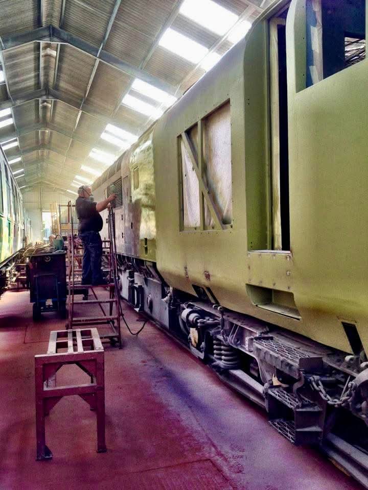 The Growler Group (@thegrowlergroup) on Twitter photo 12 years ago today and in similar weather, Dean Tabor cleans off the body side of D6948 (37248) before Dave Hartwell sprays the anti corrosive primer.
A big job going back to bare metal but the results show to this day. #class37 📸 Phil Seymour 12 years ago today and in similar weather, Dean Tabor cleans off the body side of D6948 (37248) before Dave Hartwell sprays the anti corrosive primer.
A big job going back to bare metal but the results show to this day. #class37 📸 Phil Seymour