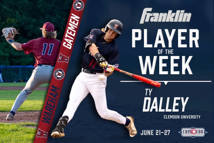 OfficialCCBL's tweet image. Cape Cod Baseball League 
@FranklinSports Player of the Week ⭐️
(June 21-June 27)

Ty Dalley, OF
(@WarehamGatemen, @ClemsonBaseball)
8 H, 1 2B, 1 3B, 2 RBI, 1 BB