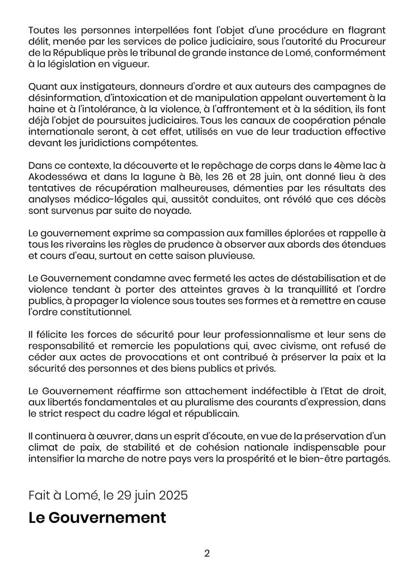 #Togo : ́le gouvernement défend ́la version de décès par "noyade", après la découverte de plusieurs corps au lendemain des manifestations, et "félicite les forces de sécurité pour leur professionnalisme"