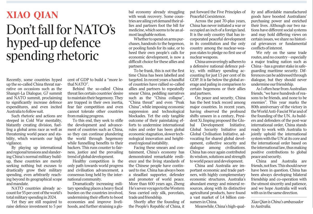 mhar4's tweet image. Great power competition. PRC ambassador Xiao Qian given another public platform in Australia, this time to request that Australia refute US demands and not increase defence spending and to insist that Australia will prosper under China's hegemony.