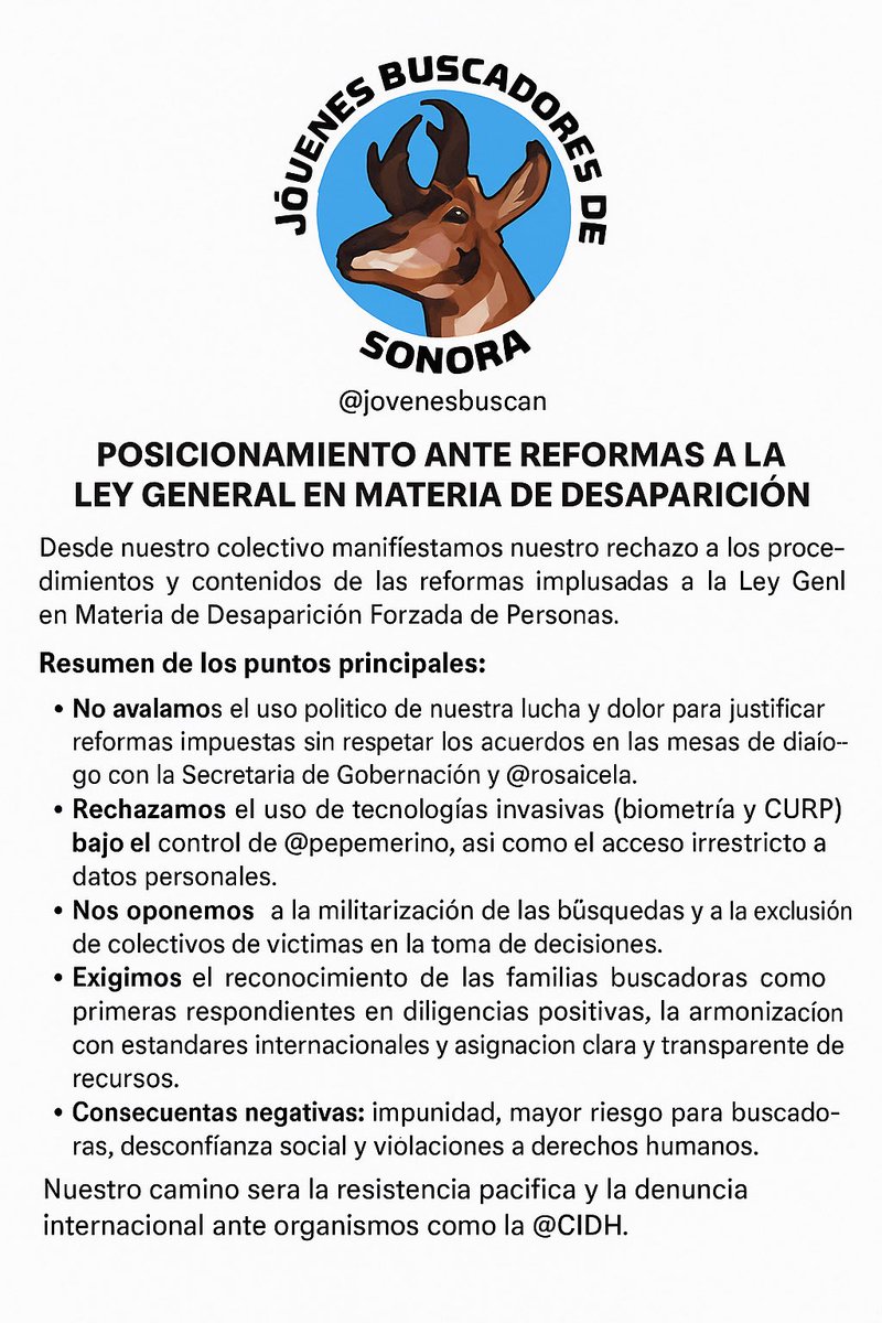 Desde @jovenesbuscan no avalamos los procedimientos de reformas a la Ley General en Materia de Desaparición Forzada de Personas.
Nos sentimos profundamente agraviados, pues se utilizó nuestra lucha y nuestro dolor para perversamente echar a andar un andamiaje político de control