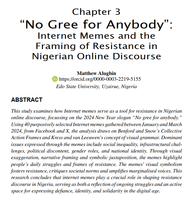 Mat4justice's tweet photo. “No Gree for Anybody”: Internet Memes and the Framing of Resistance in Nigerian Online Discourse - https://t.co/4qki2ygWIN via @shareaholic 

When life throws a curveball, take a step back and be inspired by the Nigerian spirit to say: #nogreeforanybody https://t.co/f8JrDdX0Sw