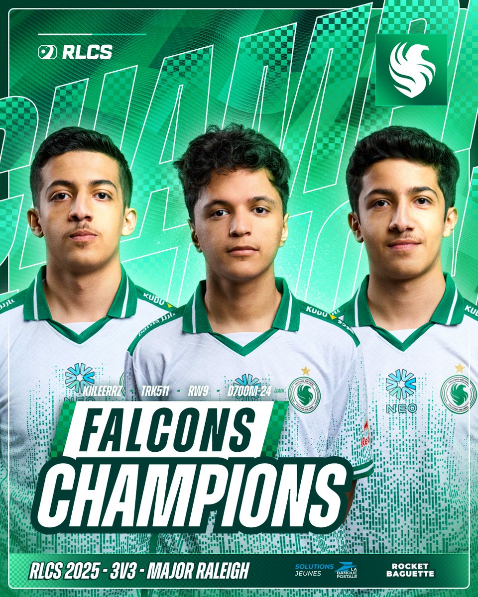 RocketBaguette's tweet photo. 👑 RALEIGH MAJOR CHAMPIONS @TeamFalconsGG 🦅🥇

🥇🇸🇦 @kiileerrz 
🥇🇸🇦 @Rw9_rl 
🥇🇸🇦 @Trk511__ 
🥇🇸🇦 @id7oom_24 (C)

Pour la 1ère fois, une équipe MENA remporte une LAN #RLCS.