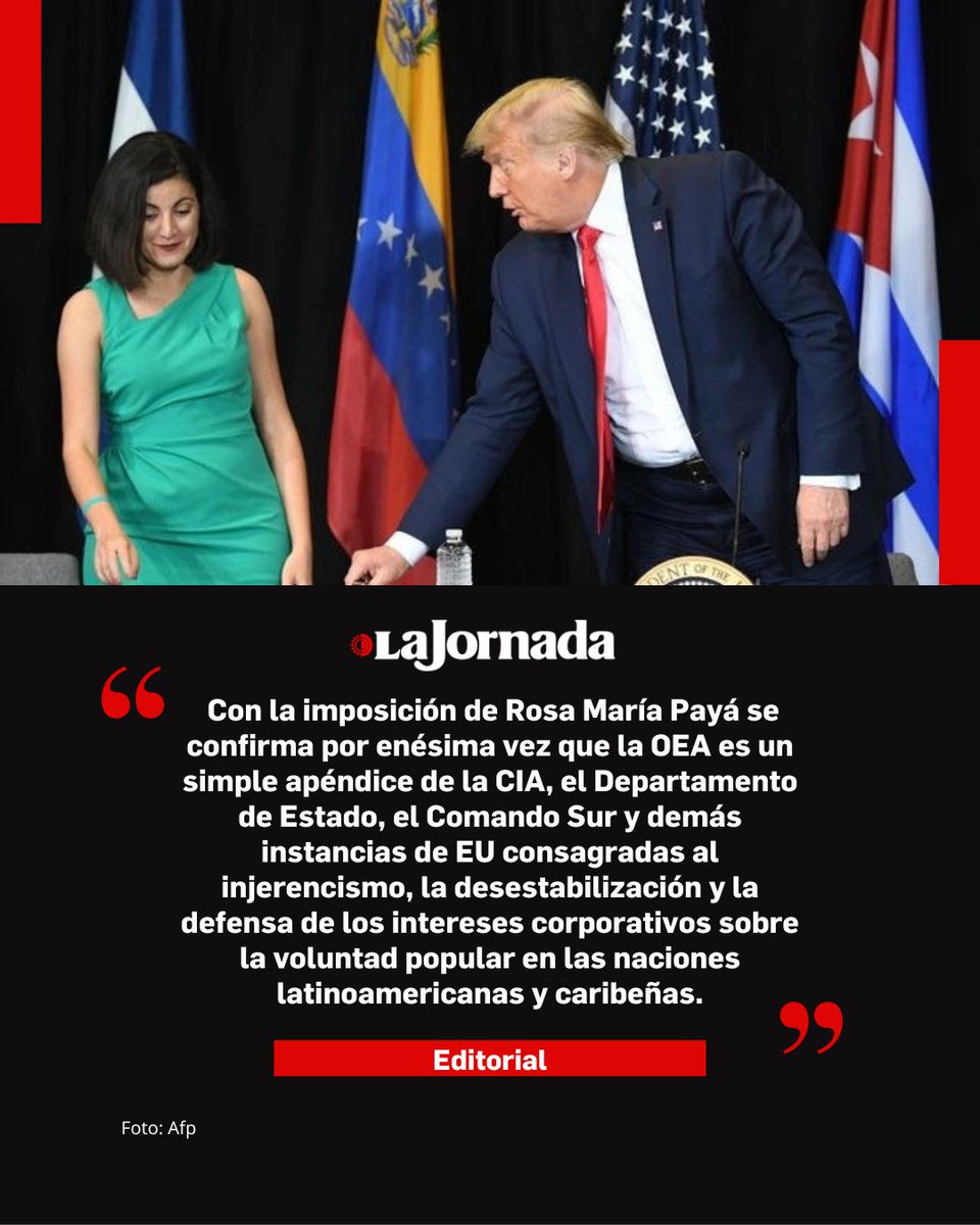 #LaJornadaOpina <a href="/OEA_oficial/">OEA</a>: nombramiento infame

Mediante chantajes, presiones económicas y con el entusiasta apoyo de los demás gobiernos ultraderechistas de la región, Washington impuso a la terrorista cubana Rosa María Payá como integrante de la <a href="/CIDH/">CIDH - IACHR</a> de la <a href="/OEA_oficial/">OEA</a>.
En