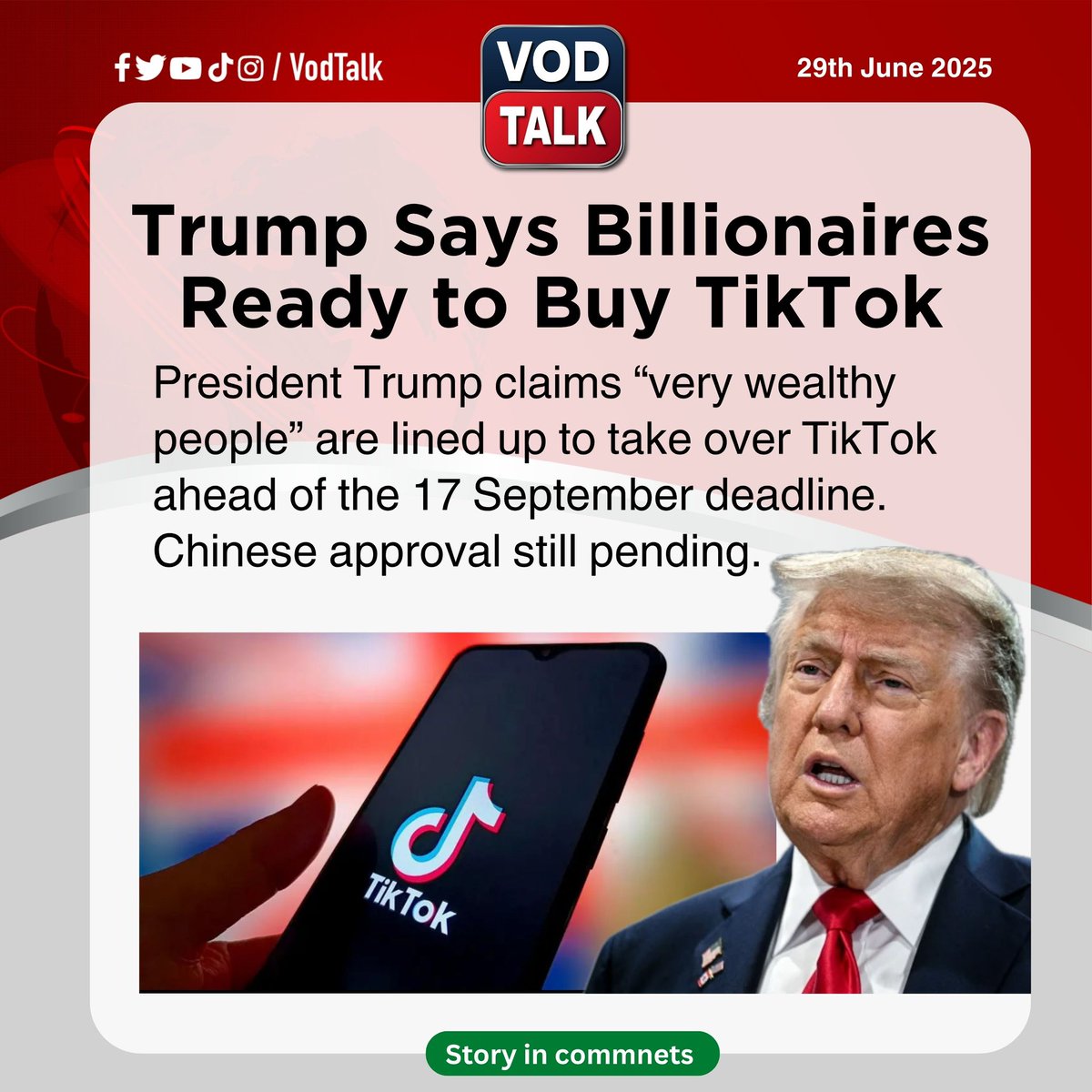 VodTalk's tweet photo. US President Donald Trump has claimed that a group of “very wealthy people” are ready to buy TikTok, the popular video-sharing app facing a US ban over national security concerns.

https://t.co/pfWE7GgHOY https://t.co/pzeebgmJOM