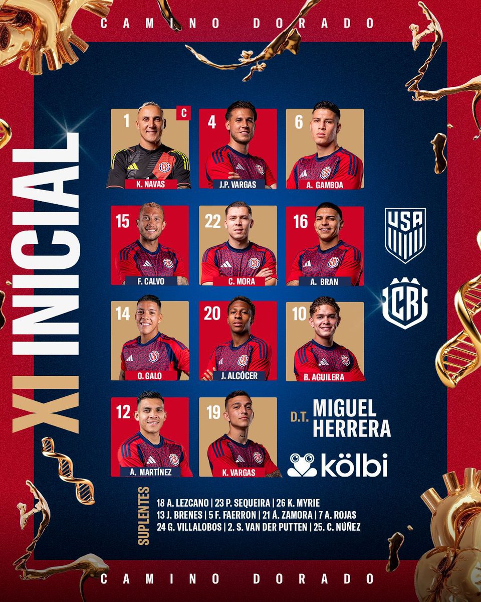¡VAMOS TODOS JUNTOS!🇨🇷

Este es el 11 inicial escogido por el Profe Miguel Herrera para enfrentar a la Selección de Estados Unidos en estos Cuartos de Final.🏆 

🆚 Estados Unidos 
⏰ 5pm
📍 US Bank Stadium
🏆 Cuartos de final Copa Oro 
📺 ESPN / Disney+ 

¡Vamos Sele!🇨🇷