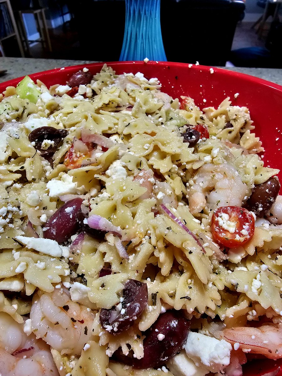 Beat the heat meal..

I hooked up a Greek Pasta Salad  with shrimp.