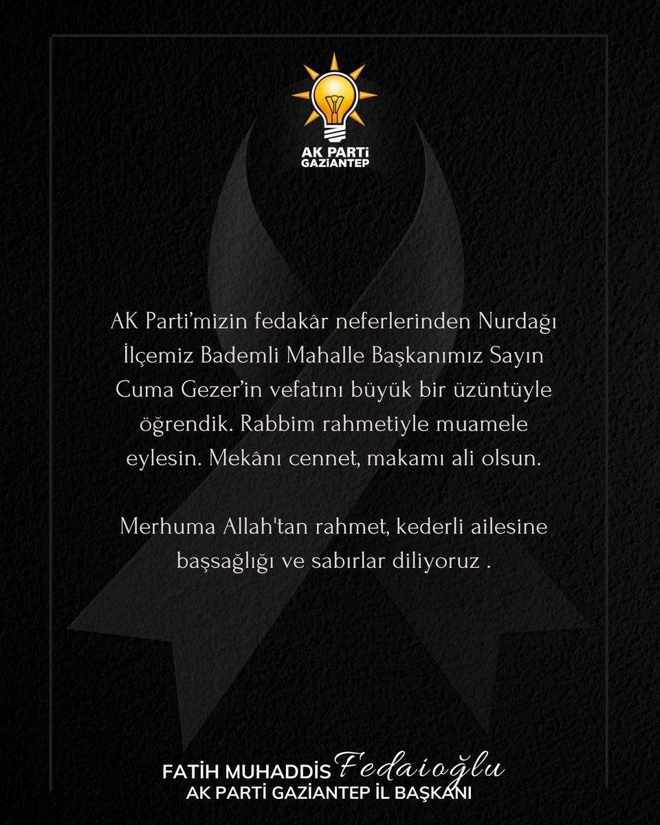 Fatih Muhaddis FEDAİOĞLU (@fmfedaioglu) on Twitter photo Allah rahmet eylesin, mekanı cennet olsun, salihlerle haşreylesin.
<a href="/AKPartiG_Antep/">AK Parti Gaziantep</a> Allah rahmet eylesin, mekanı cennet olsun, salihlerle haşreylesin.
<a href="/AKPartiG_Antep/">AK Parti Gaziantep</a>