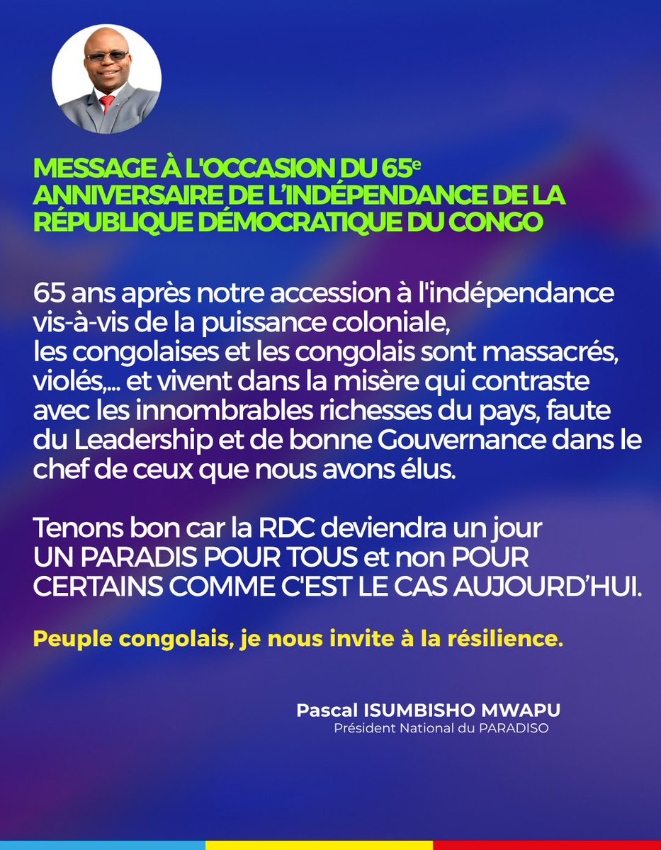 #30JUIN1960 #30JUIN2025 
Peuple Congolais, je nous invite à la #Résilience. 
#65ans #Indépendance🇨🇩