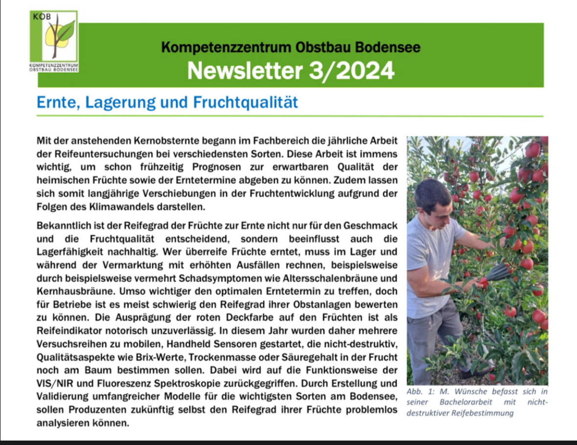 Nacherntephysi1's tweet photo. 👏 Congrats to Matheus Wünsche on successfully presenting his BSc thesis at KOB!
📊 “Evaluation of Apple Ripening via Vis/NIR Spectroscopy and UV Fluorescence”
Using the #RubensDevice, he explored ripening in Gala, Fuji & Braeburn 🍎 and corrected for light & temperature effects. https://t.co/VKnnSQfhmA