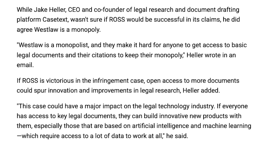 ROSS (@rossintel) on Twitter photo "If everyone has access to key legal documents, they can build innovative new products with them, especially those that are based on artificial intelligence and machine learning — which require access to a lot of data to work at all" - Jacob Heller, <a href="/thomsonreuters/">Thomson Reuters</a> @westlaw "If everyone has access to key legal documents, they can build innovative new products with them, especially those that are based on artificial intelligence and machine learning — which require access to a lot of data to work at all" - Jacob Heller, <a href="/thomsonreuters/">Thomson Reuters</a> @westlaw