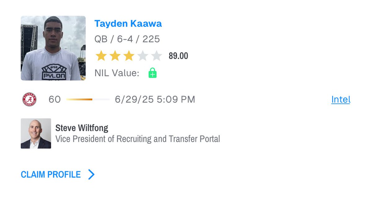 RecruitsBama's tweet image. π£π₯πππππ§ππ’π‘: 2026 4 βοΈ QB Tayden Kaawa has been predicted to Alabama by VP of Recruiting, Steve Wiltfong
The #12 QB in the nation was in Tuscaloosa on June 20-22 for an Official Visit
Kaawa says he plans to commit in the next two weeks π
