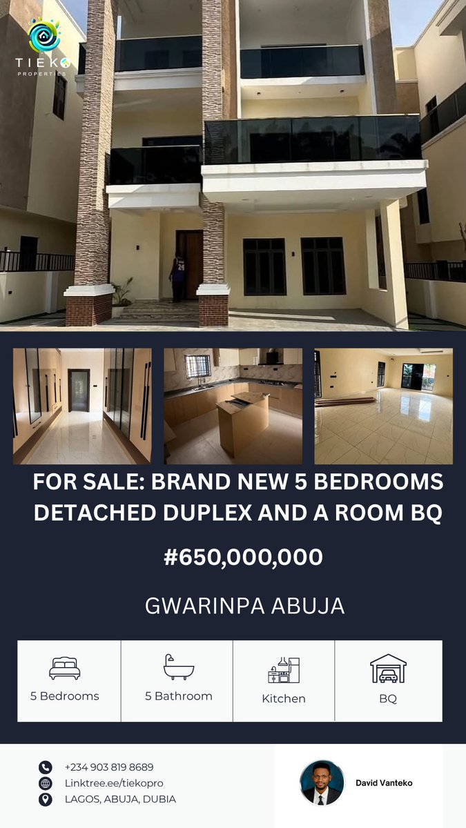 tiekoproperties's tweet photo. BRAND NEW 5 BEDROOMS DETACHED DUPLEX AND A ROOM BQ LOCATION: GWARINPA ABUJA PRICE: N650,000,000 (#650,000,000)

 FEATURES:
 All en-suite rooms 
Spacious kitchen
 3 Living Rooms 
Guest toilet 
Elevator Shaft 
Study/ Home Office 
Laundry 
Gym Room 
 Cinema Room
 Spacious rooms 
Family lounge 
2 Balconies 
Ample parking space 
Massive Compound 

Serene Environment Professional Fee: Applicable FOR ALL INQUIRIES