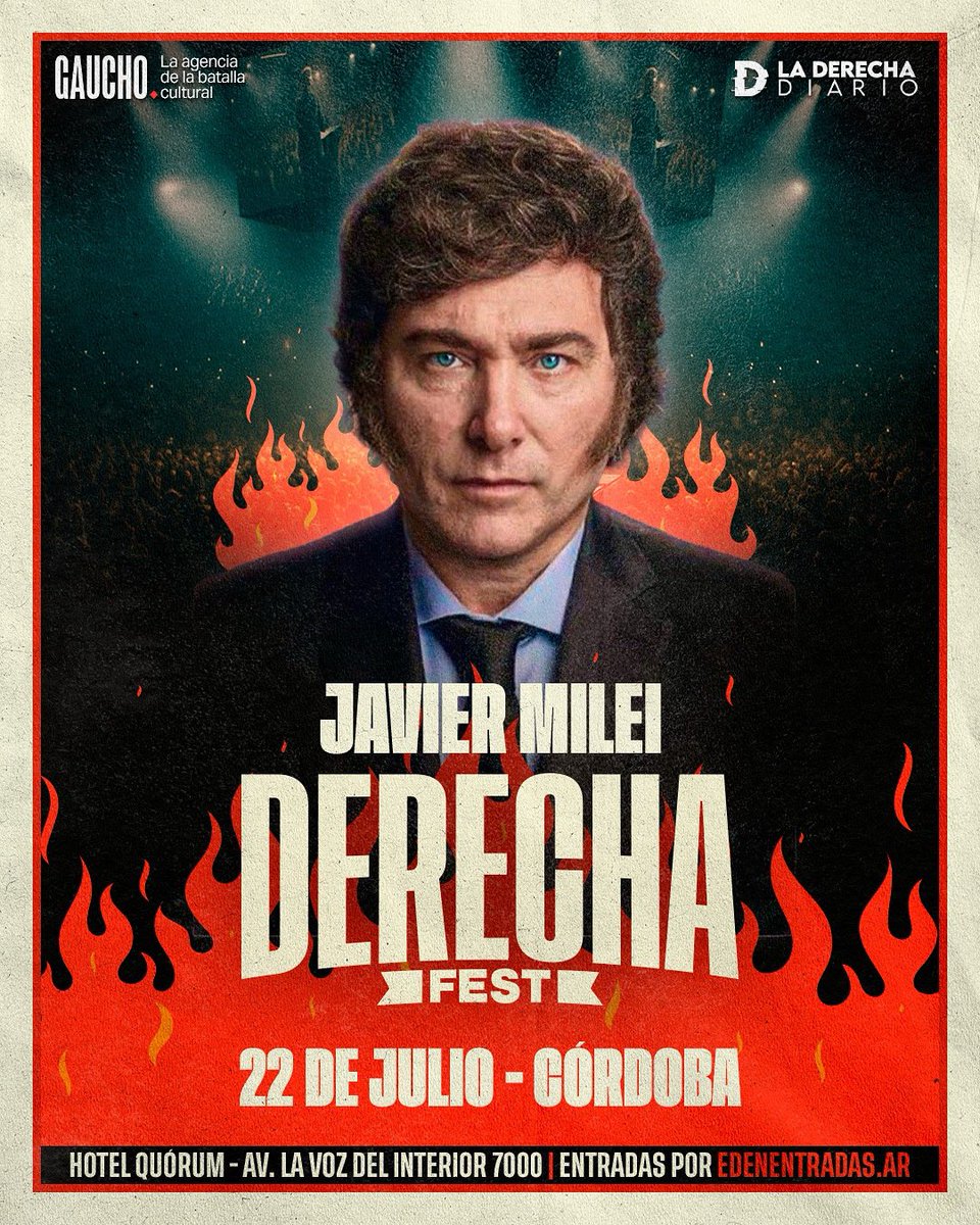 ¡¡¡DÍA HISTÓRICO!!!

Con mucho orgullo nos complace anunciar que el Presidente <a href="/JMilei/">Javier Milei</a> participará del Derecha Fest Córdoba 2025.

🚫 NO APTO PARA MANDRILES.

Entradas en: edenentradas.ar/event/viva-la-…