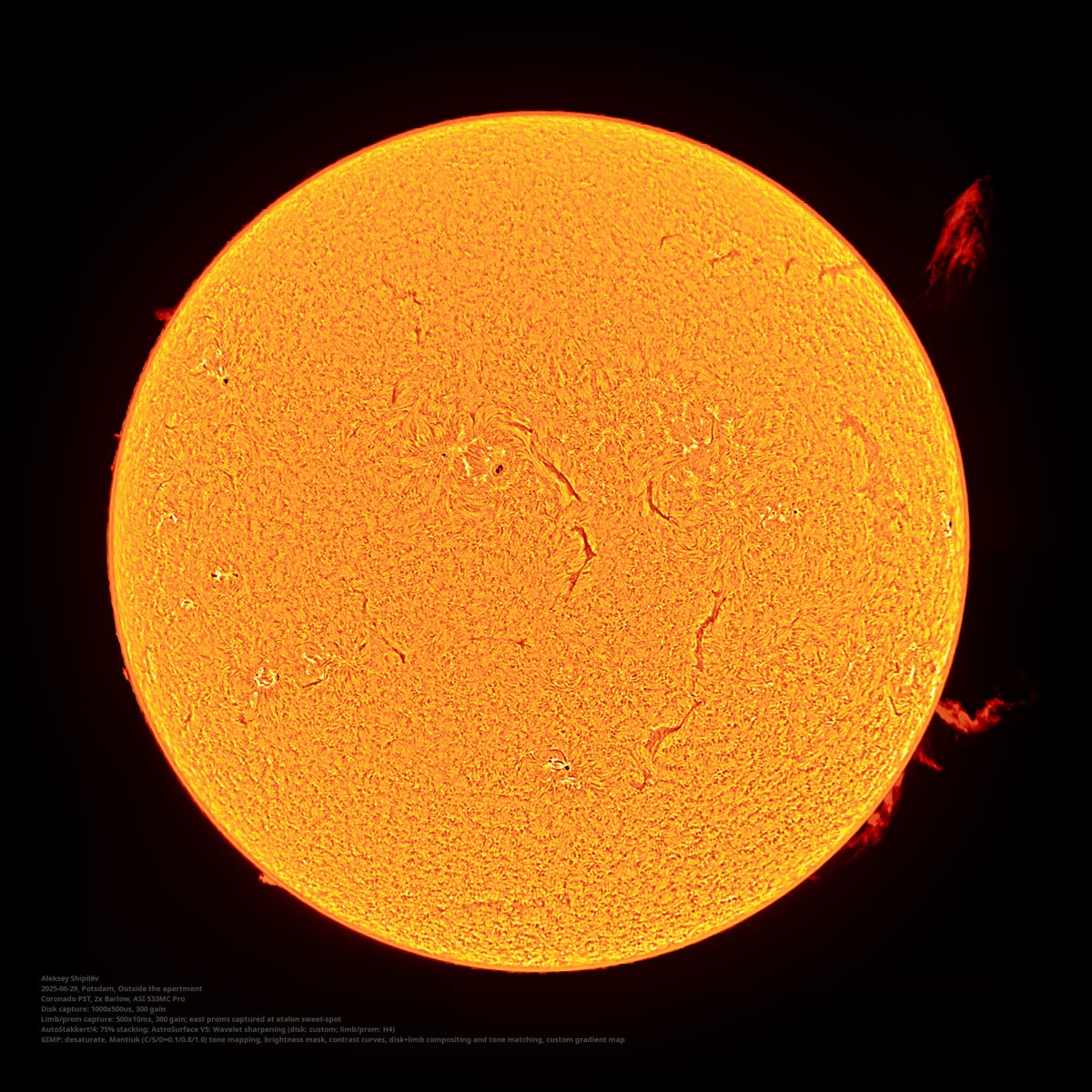 shipilev's tweet image. Extremely fun Sun today. First attempt at compositing disk/limb/proms shots, what a day to randomly try one!
