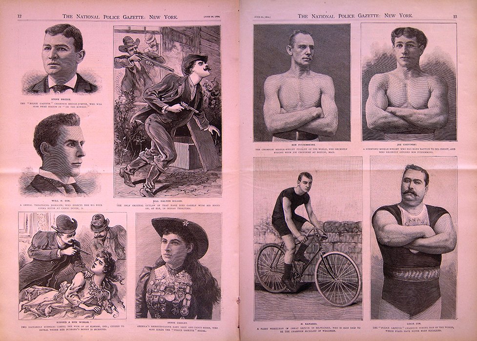 #OTD in <a href="/PoliceGazette/">Police Gazette</a> 1894: A spread full of Police Gazette Champions: Annie Oakley, Champion Female Rifle Shot; Bob Fitzsimmons, future Heavyweight Champion; Steve Brodie, Champion Bridge Jumper; Louis Cyr, Champion Strong Man.